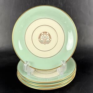 Pickard China Malvern 1005 Bread Plates Set 4 Green Gold Trim USA 1950s Vintage